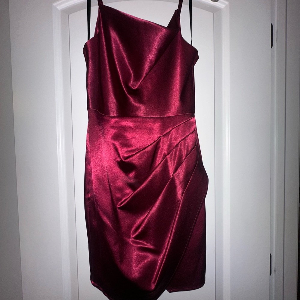 BCX Asymmetrical Satin Dress in Deep Red